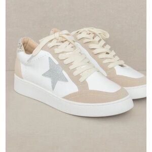 Women's White and Beige Sneakers with Silver Star